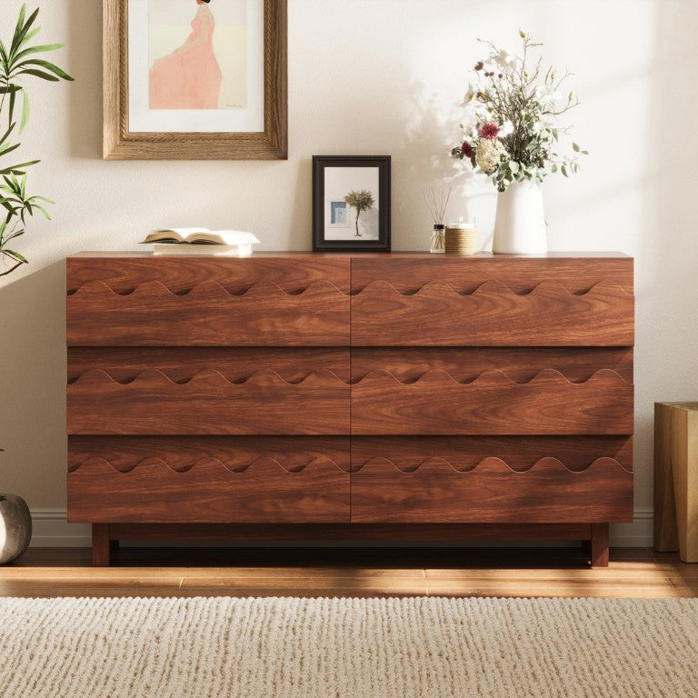 English Elm 60 Inch Six Drawer Dresser with Wave Front Design for Bedroom or Living Room Walnut Brown N739C000003D