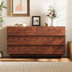 English Elm 60 Inch Six Drawer Dresser with Wave Front Design for Bedroom or Living Room Walnut Brown N739C000003D