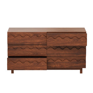 English Elm 60 Inch Six Drawer Dresser with Wave Front Design for Bedroom or Living Room Walnut Brown N739C000003D