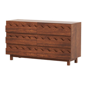 English Elm 60 Inch Six Drawer Dresser with Wave Front Design for Bedroom or Living Room Walnut Brown N739C000003D
