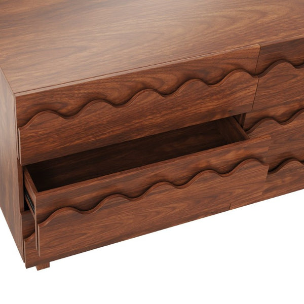 English Elm 60 Inch Six Drawer Dresser with Wave Front Design for Bedroom or Living Room Walnut Brown N739C000003D