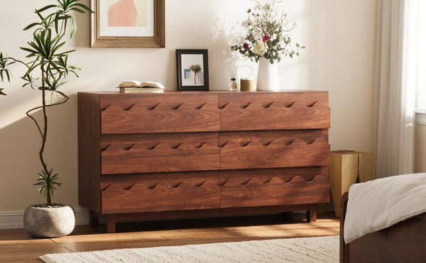 English Elm 60 Inch Six Drawer Dresser with Wave Front Design for Bedroom or Living Room Walnut Brown N739C000003D