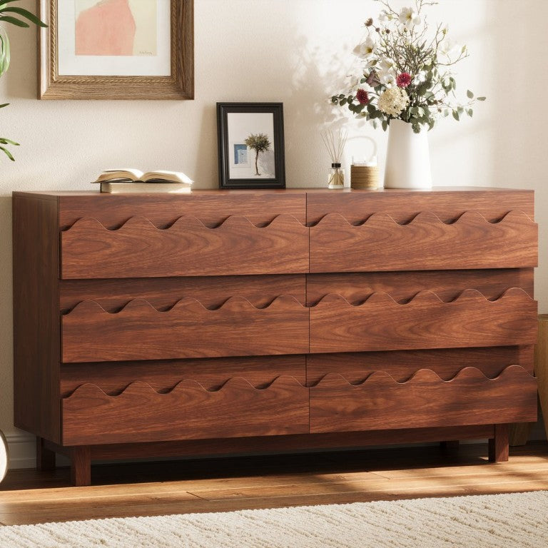 English Elm 60 Inch Six Drawer Dresser with Wave Front Design for Bedroom or Living Room Walnut Brown N739C000003D