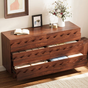 English Elm 60 Inch Six Drawer Dresser with Wave Front Design for Bedroom or Living Room Walnut Brown N739C000003D
