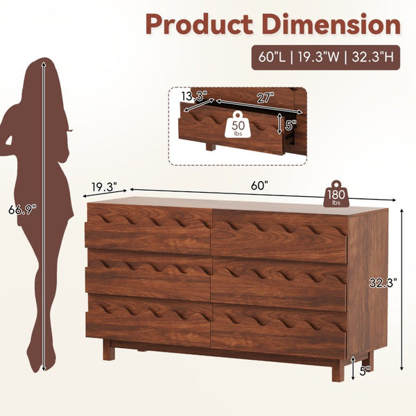 English Elm 60 Inch Six Drawer Dresser with Wave Front Design for Bedroom or Living Room Walnut Brown N739C000003D