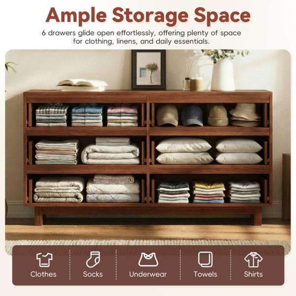 English Elm 60 Inch Six Drawer Dresser with Wave Front Design for Bedroom or Living Room Walnut Brown N739C000003D