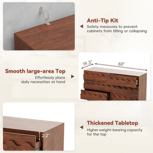 English Elm 60 Inch Six Drawer Dresser with Wave Front Design for Bedroom or Living Room Walnut Brown N739C000003D