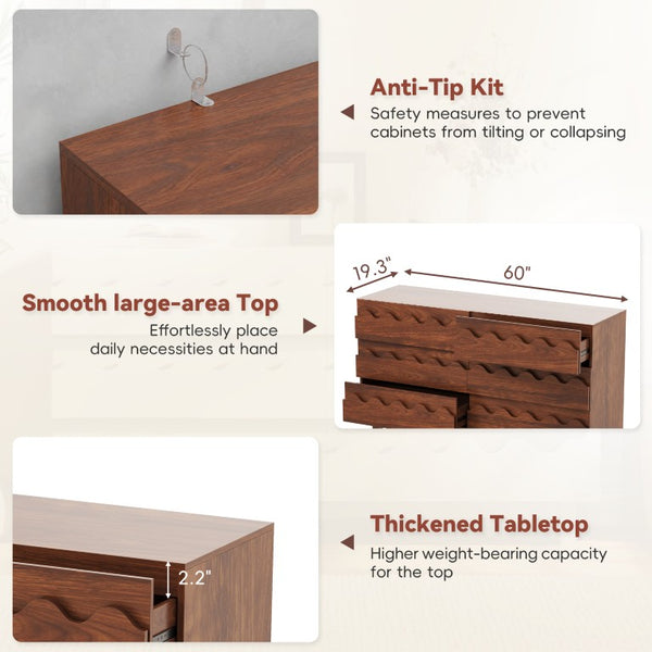 English Elm 60 Inch Six Drawer Dresser with Wave Front Design for Bedroom or Living Room Walnut Brown N739C000003D