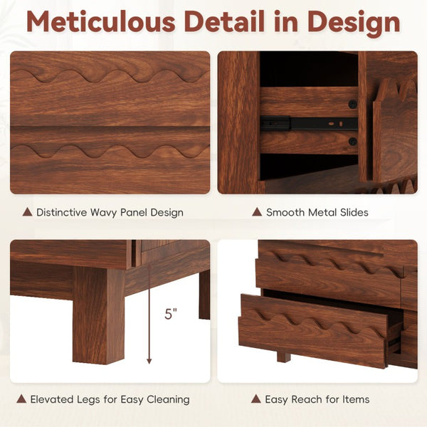 English Elm 60 Inch Six Drawer Dresser with Wave Front Design for Bedroom or Living Room Walnut Brown N739C000003D