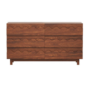 English Elm 60 Inch Six Drawer Dresser with Wave Front Design for Bedroom or Living Room Walnut Brown N739C000003D
