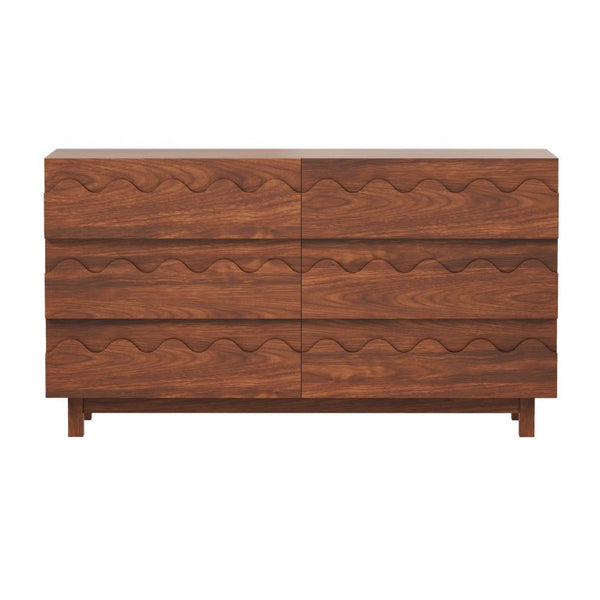 English Elm 60 Inch Six Drawer Dresser with Wave Front Design for Bedroom or Living Room Walnut Brown N739C000003D