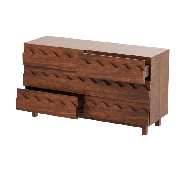 English Elm 60 Inch Six Drawer Dresser with Wave Front Design for Bedroom or Living Room Walnut Brown N739C000003D