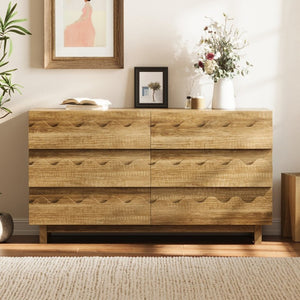 English Elm 60 Inch Six Drawer Dresser with Wave Front Design for Bedroom or Living Room Brown N739C000003N
