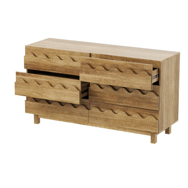 English Elm 60 Inch Six Drawer Dresser with Wave Front Design for Bedroom or Living Room Brown N739C000003N