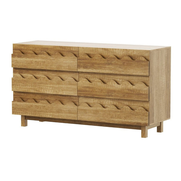 English Elm 60 Inch Six Drawer Dresser with Wave Front Design for Bedroom or Living Room Brown N739C000003N
