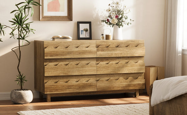 English Elm 60 Inch Six Drawer Dresser with Wave Front Design for Bedroom or Living Room Brown N739C000003N