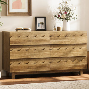English Elm 60 Inch Six Drawer Dresser with Wave Front Design for Bedroom or Living Room Brown N739C000003N