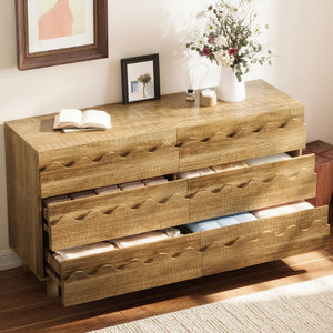 English Elm 60 Inch Six Drawer Dresser with Wave Front Design for Bedroom or Living Room Brown N739C000003N