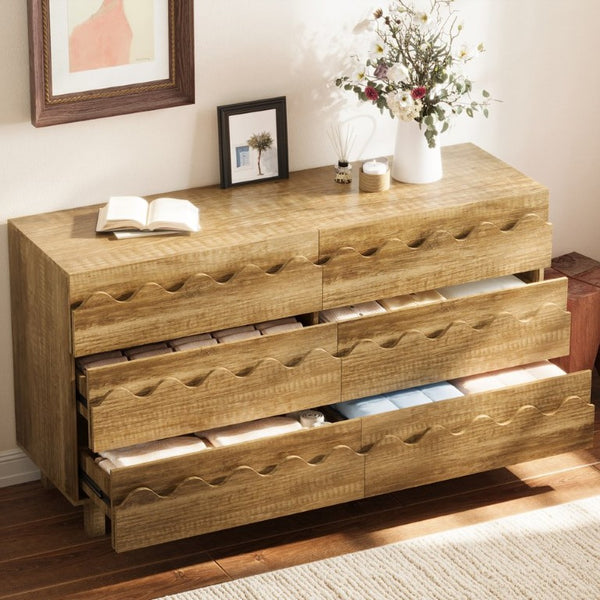 English Elm 60 Inch Six Drawer Dresser with Wave Front Design for Bedroom or Living Room Brown N739C000003N