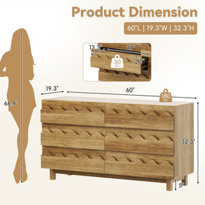 English Elm 60 Inch Six Drawer Dresser with Wave Front Design for Bedroom or Living Room Brown N739C000003N