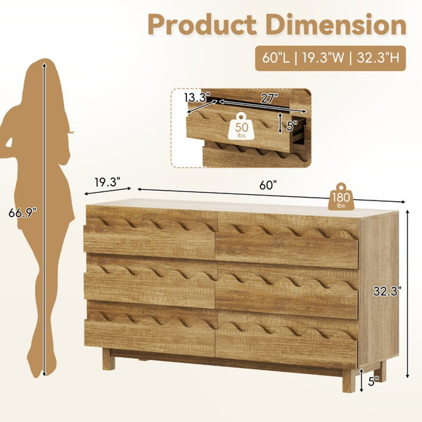 English Elm 60 Inch Six Drawer Dresser with Wave Front Design for Bedroom or Living Room Brown N739C000003N