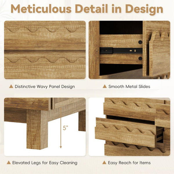 English Elm 60 Inch Six Drawer Dresser with Wave Front Design for Bedroom or Living Room Brown N739C000003N