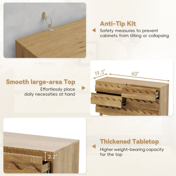 English Elm 60 Inch Six Drawer Dresser with Wave Front Design for Bedroom or Living Room Brown N739C000003N