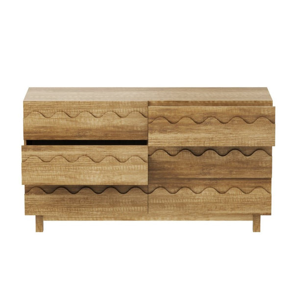 English Elm 60 Inch Six Drawer Dresser with Wave Front Design for Bedroom or Living Room Brown N739C000003N