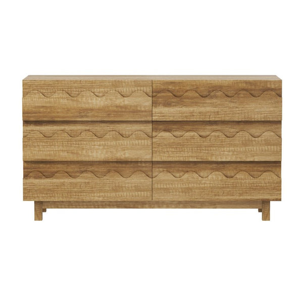 English Elm 60 Inch Six Drawer Dresser with Wave Front Design for Bedroom or Living Room Brown N739C000003N