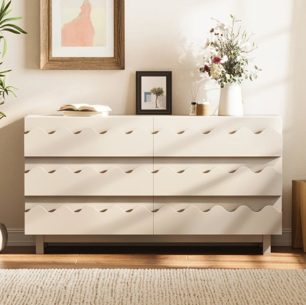 English Elm 60 Inch Six Drawer Dresser with Wave Front Design for Bedroom or Living Room Off White N739C000003W