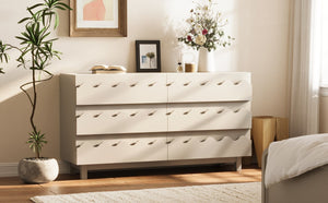 English Elm 60 Inch Six Drawer Dresser with Wave Front Design for Bedroom or Living Room Off White N739C000003W
