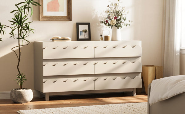 English Elm 60 Inch Six Drawer Dresser with Wave Front Design for Bedroom or Living Room Off White N739C000003W
