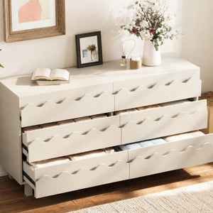 English Elm 60 Inch Six Drawer Dresser with Wave Front Design for Bedroom or Living Room Off White N739C000003W