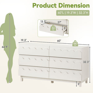 English Elm 60 Inch Six Drawer Dresser with Wave Front Design for Bedroom or Living Room Off White N739C000003W