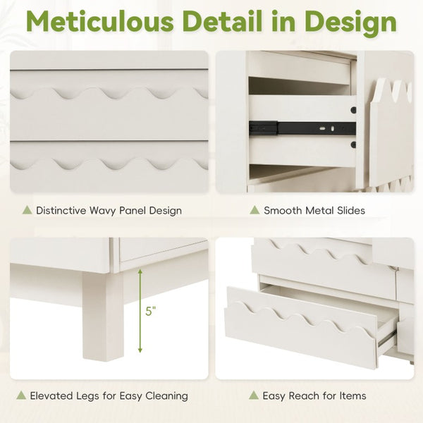 English Elm 60 Inch Six Drawer Dresser with Wave Front Design for Bedroom or Living Room Off White N739C000003W