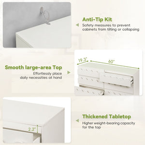 English Elm 60 Inch Six Drawer Dresser with Wave Front Design for Bedroom or Living Room Off White N739C000003W