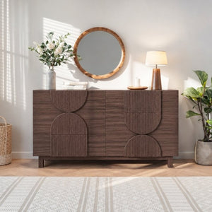 English Elm 6 Drawer Fluted Wood Dresser with Elevated Legs Mid-Century Storage for Bedroom or Hallway Dark Brown N739C000004D