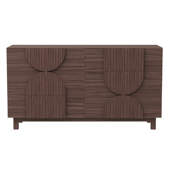 English Elm 6 Drawer Fluted Wood Dresser with Elevated Legs Mid-Century Storage for Bedroom or Hallway Dark Brown N739C000004D