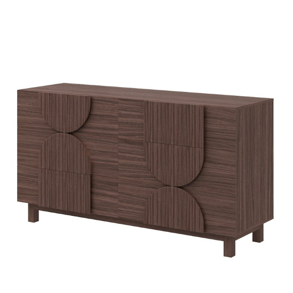 English Elm 6 Drawer Fluted Wood Dresser with Elevated Legs Mid-Century Storage for Bedroom or Hallway Dark Brown N739C000004D