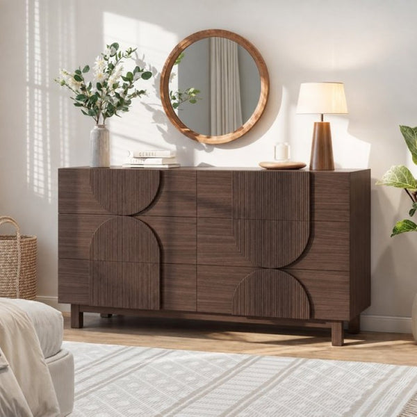 English Elm 6 Drawer Fluted Wood Dresser with Elevated Legs Mid-Century Storage for Bedroom or Hallway Dark Brown N739C000004D