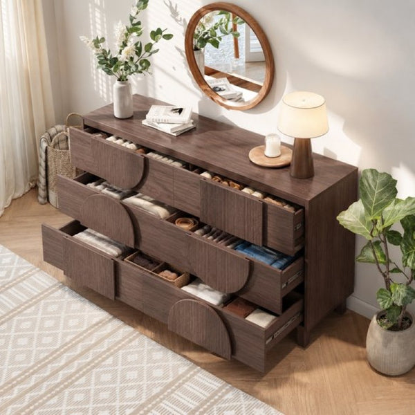 English Elm 6 Drawer Fluted Wood Dresser with Elevated Legs Mid-Century Storage for Bedroom or Hallway Dark Brown N739C000004D