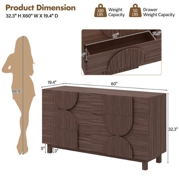 English Elm 6 Drawer Fluted Wood Dresser with Elevated Legs Mid-Century Storage for Bedroom or Hallway Dark Brown N739C000004D