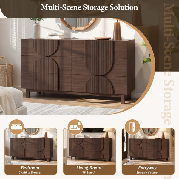 English Elm 6 Drawer Fluted Wood Dresser with Elevated Legs Mid-Century Storage for Bedroom or Hallway Dark Brown N739C000004D