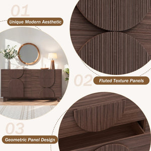 English Elm 6 Drawer Fluted Wood Dresser with Elevated Legs Mid-Century Storage for Bedroom or Hallway Dark Brown N739C000004D