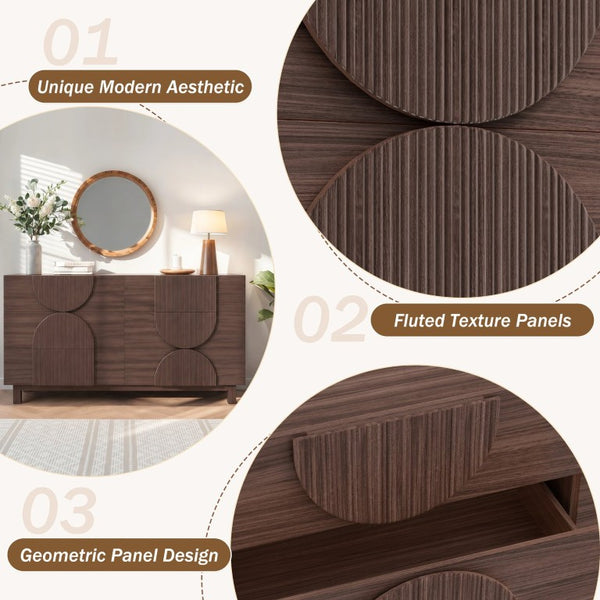 English Elm 6 Drawer Fluted Wood Dresser with Elevated Legs Mid-Century Storage for Bedroom or Hallway Dark Brown N739C000004D