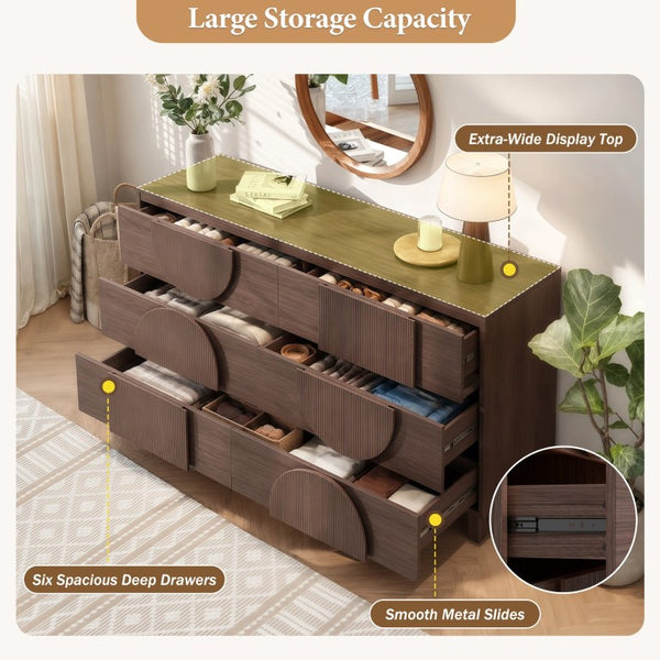 English Elm 6 Drawer Fluted Wood Dresser with Elevated Legs Mid-Century Storage for Bedroom or Hallway Dark Brown N739C000004D