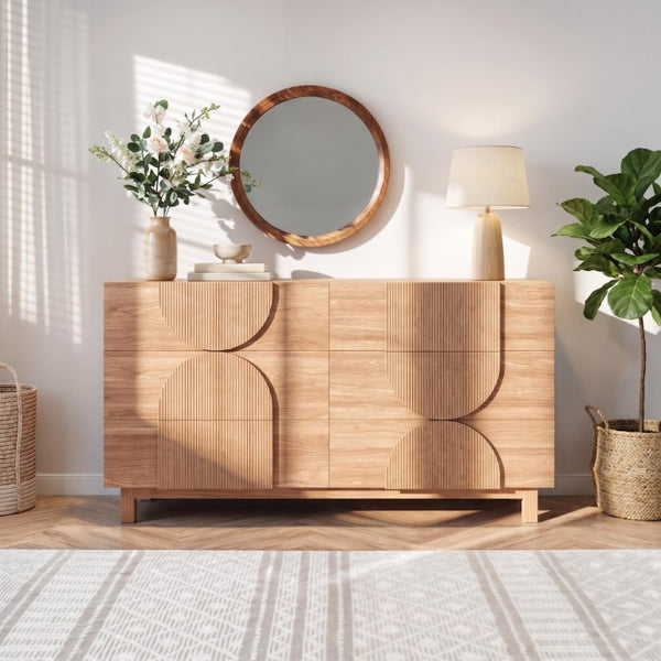 English Elm 6 Drawer Fluted Wood Dresser with Elevated Legs Mid-Century Storage for Bedroom or Hallway Walnut Brown N739C000004N