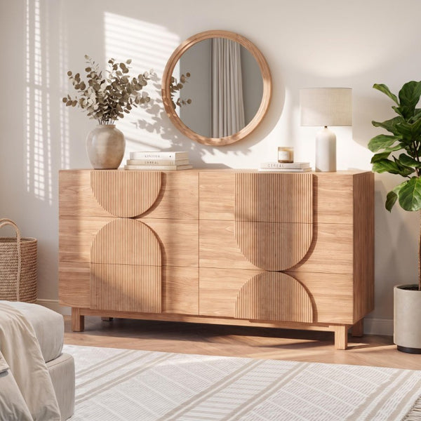 English Elm 6 Drawer Fluted Wood Dresser with Elevated Legs Mid-Century Storage for Bedroom or Hallway Walnut Brown N739C000004N