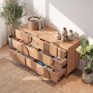 English Elm 6 Drawer Fluted Wood Dresser with Elevated Legs Mid-Century Storage for Bedroom or Hallway Walnut Brown N739C000004N
