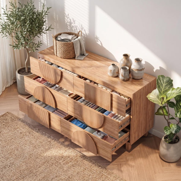 English Elm 6 Drawer Fluted Wood Dresser with Elevated Legs Mid-Century Storage for Bedroom or Hallway Walnut Brown N739C000004N